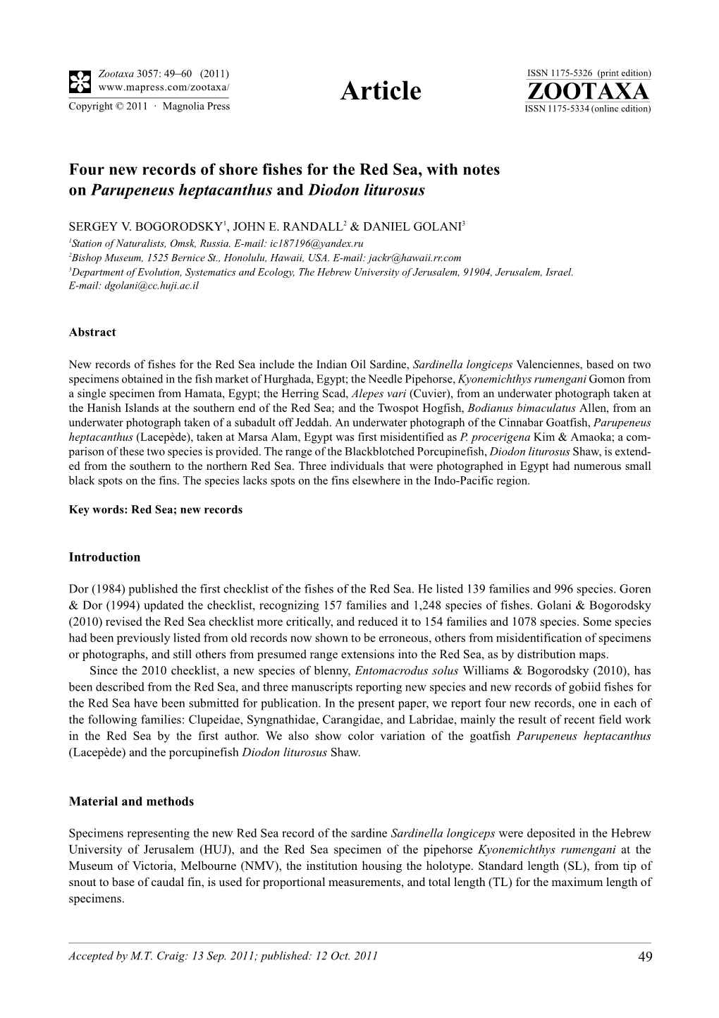 Four New Records of Shore Fishes for the Red Sea, with Notes on Parupeneus Heptacanthus and Diodon Liturosus