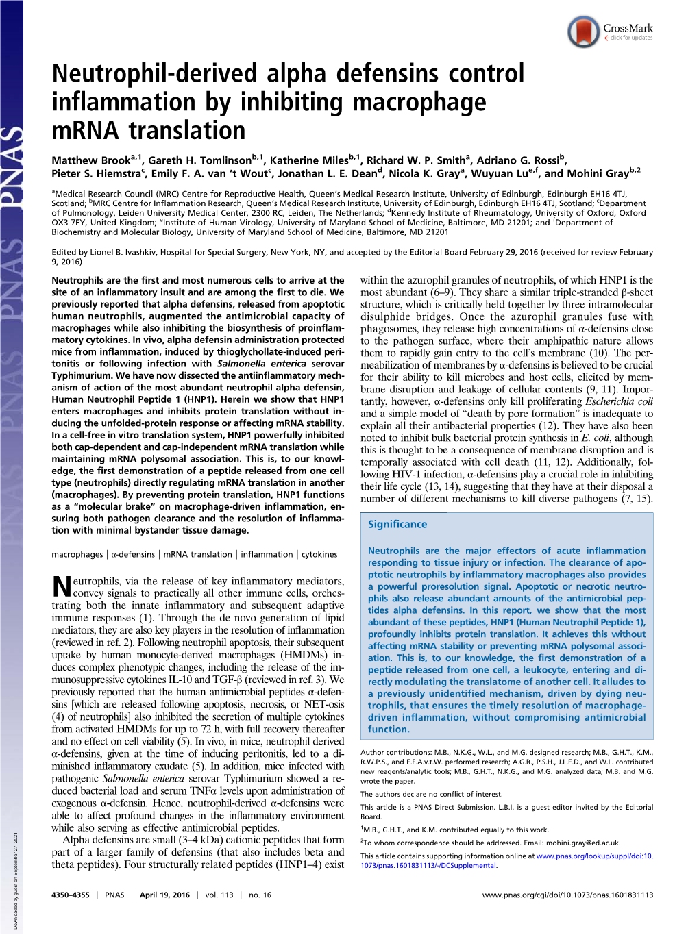 Neutrophil-Derived Alpha Defensins Control Inflammation by Inhibiting Macrophage Mrna Translation
