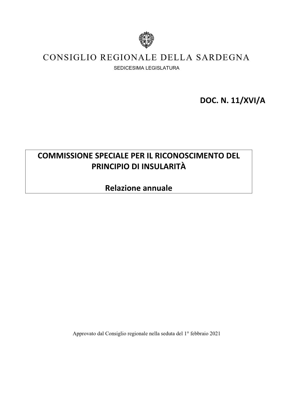 Consiglio Regionale Della Sardegna Doc. N. 11/Xvi/A