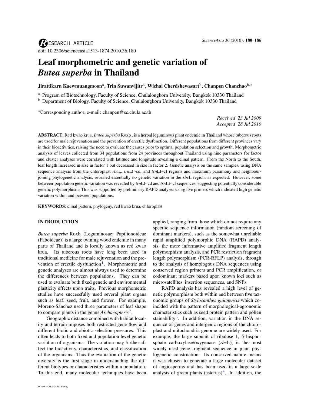 Leaf Morphometric and Genetic Variation of Butea Superba in Thailand