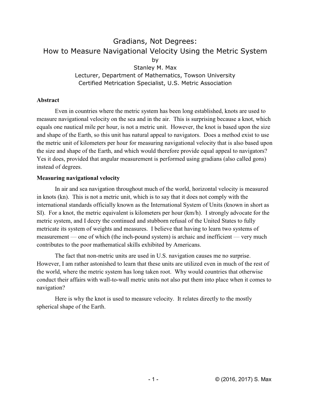 How to Measure Navigational Velocity Using the Metric System by Stanley M