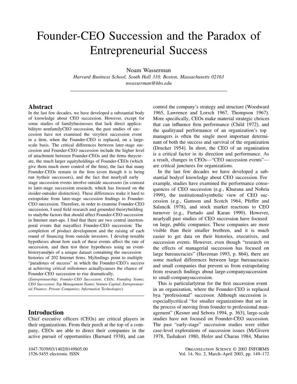 Founder-CEO Succession and the Paradox of Entrepreneurial Success