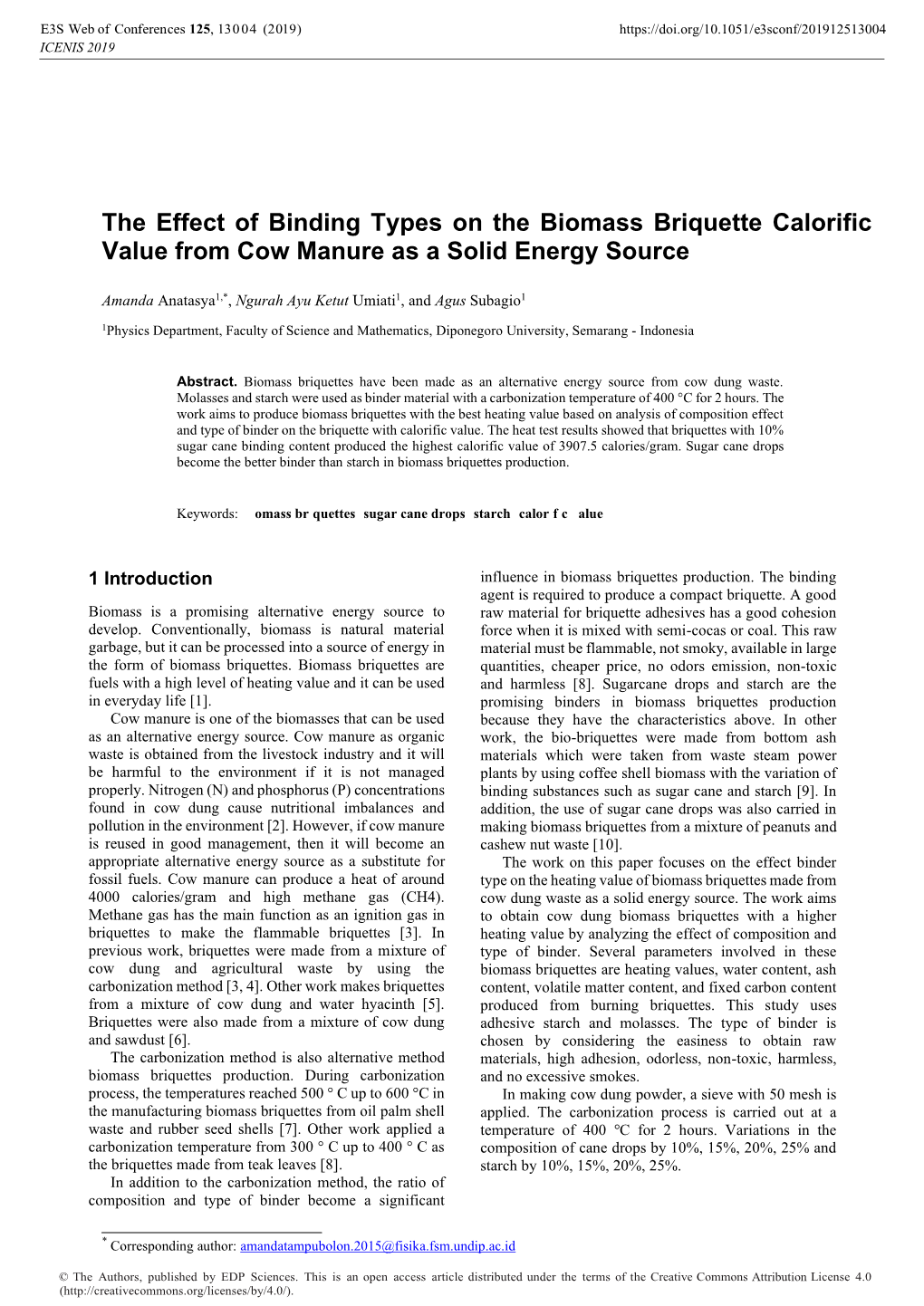 The Effect of Binding Types on the Biomass Briquette Calorific Value from Cow Manure As a Solid Energy Source