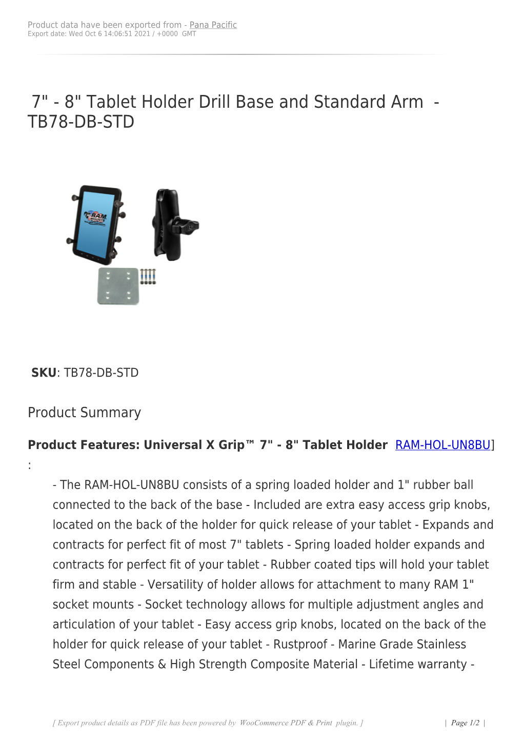 7" - 8" Tablet Holder Drill Base and Standard Arm - TB78-DB-STD
