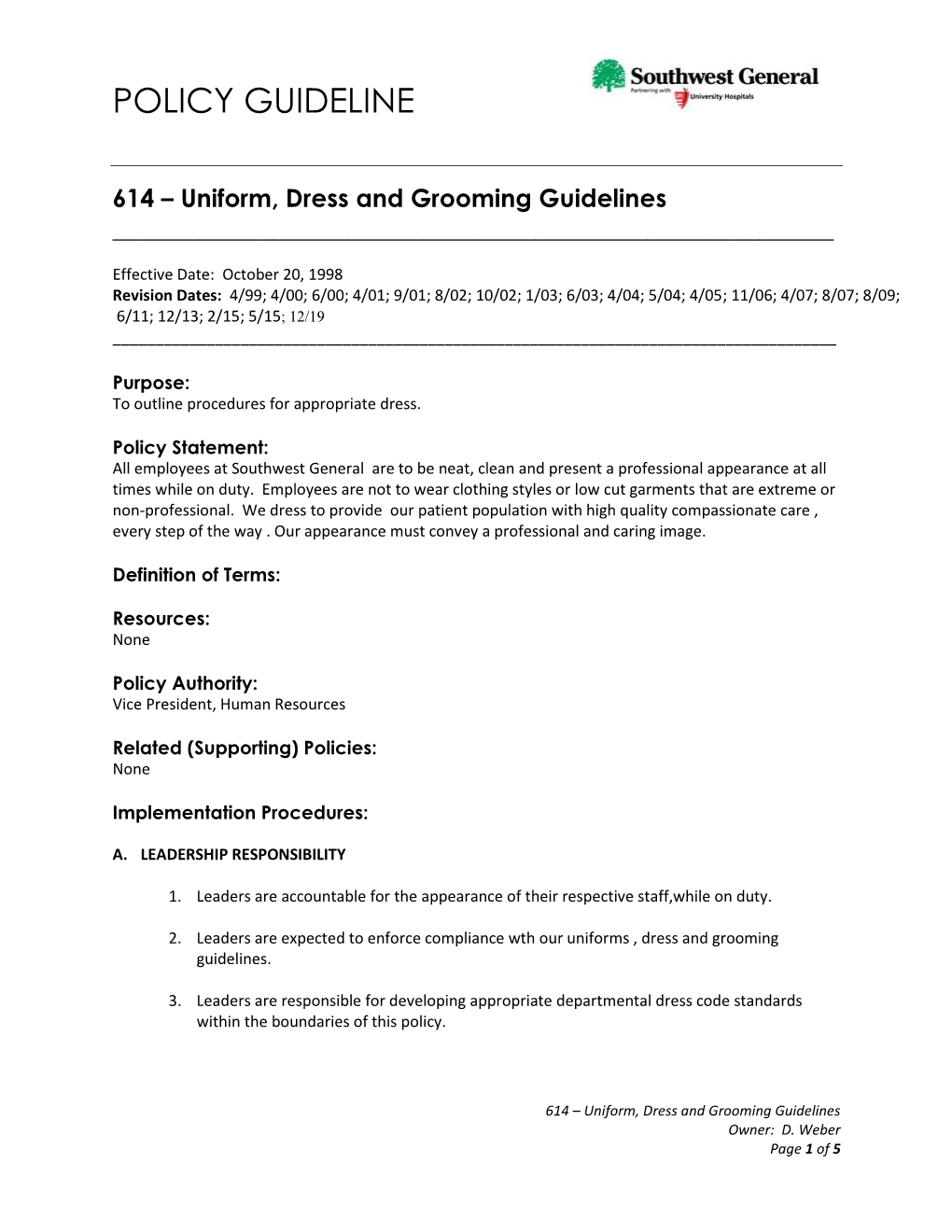 Policy 614 Uniform, Dress and Grooming Guidelines