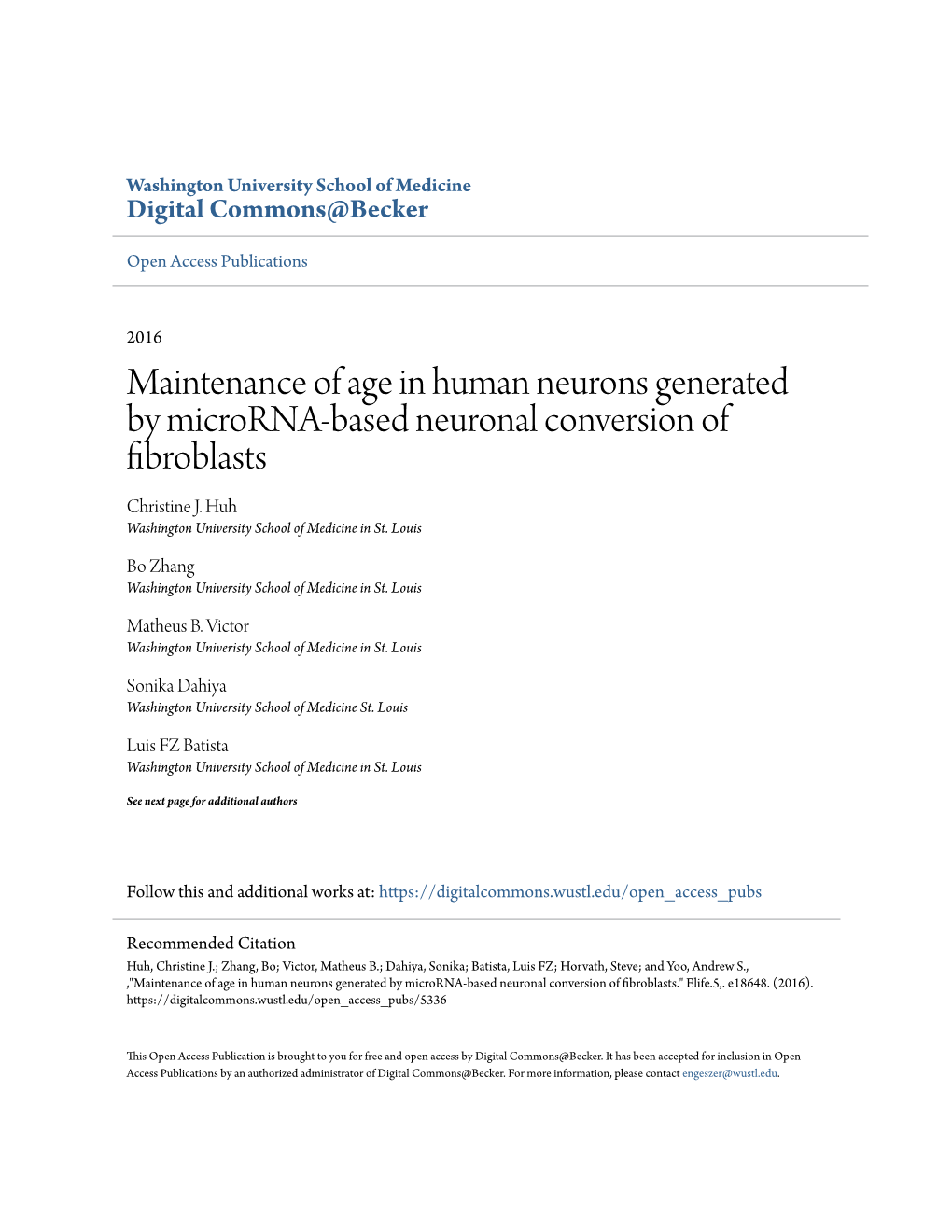 Maintenance of Age in Human Neurons Generated by Microrna-Based Neuronal Conversion of Fibroblasts Christine J