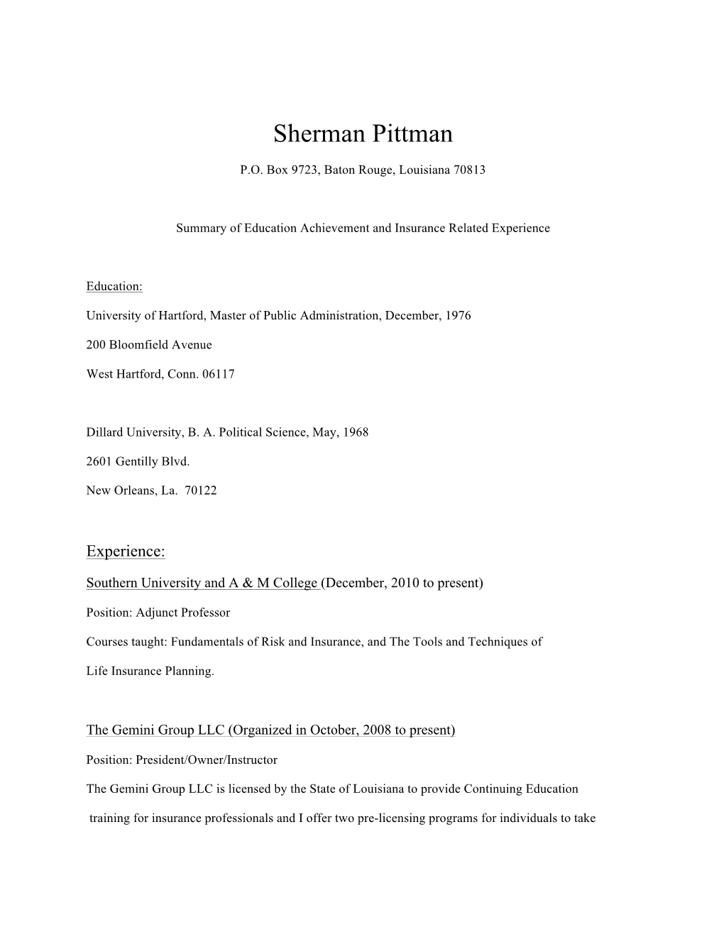 Professor Sherman Pittman