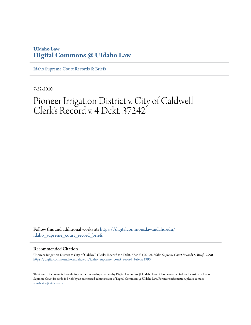 Pioneer Irrigation District V. City of Caldwell Clerk's Record V. 4 Dckt