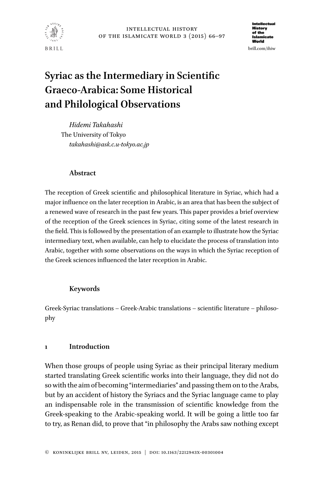 Syriac As the Intermediary in Scientific Graeco-Arabica: Some Historical and Philological Observations