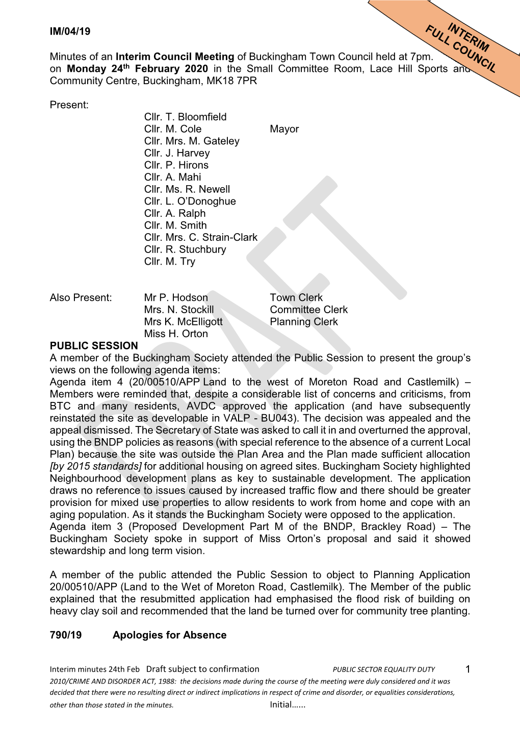 IM/04/19 1 Minutes of an Interim Council Meeting of Buckingham