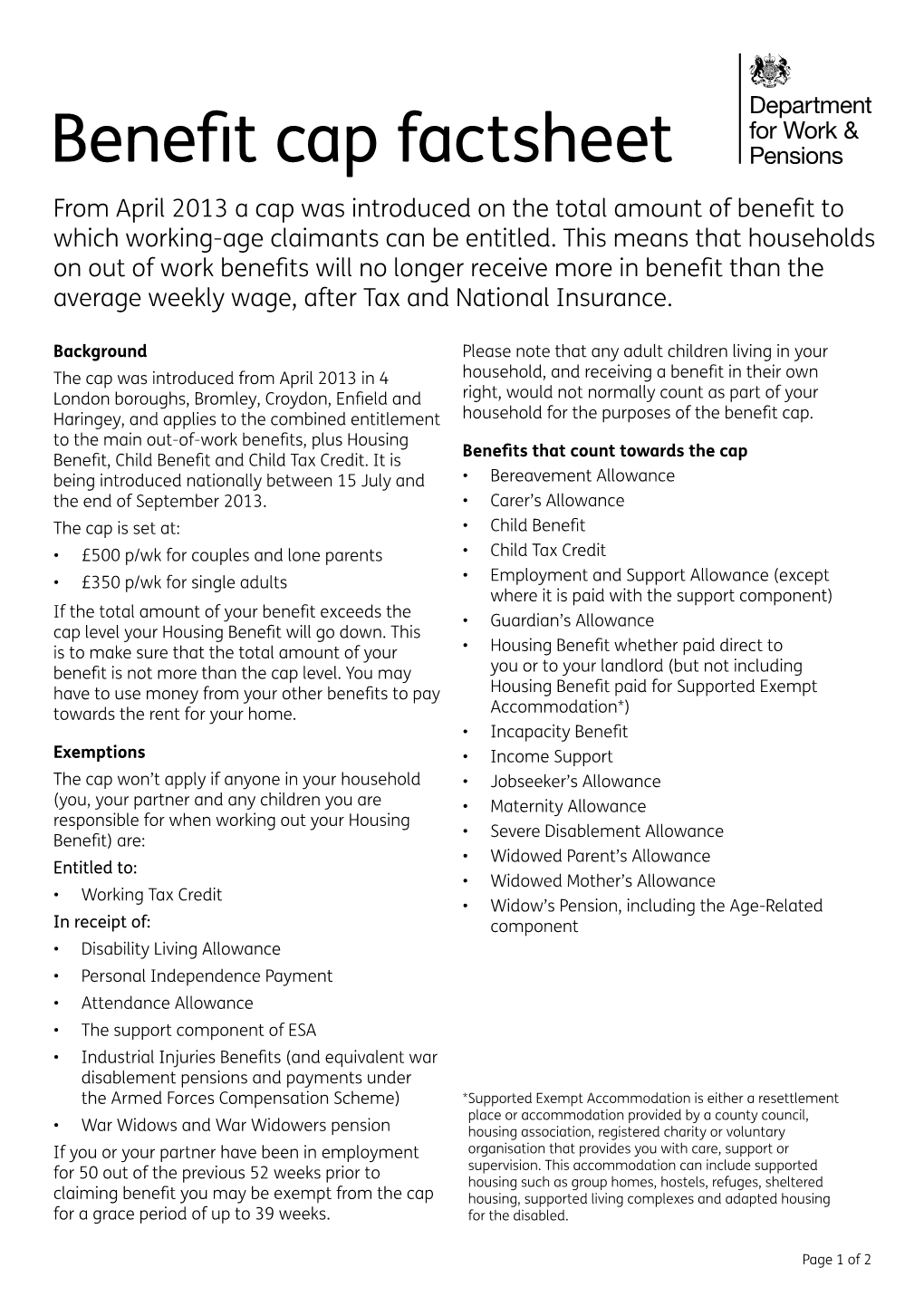 Benefit Cap Factsheet from April 2013 a Cap Was Introduced on the Total Amount of Benefit to Which Working-Age Claimants Can Be Entitled