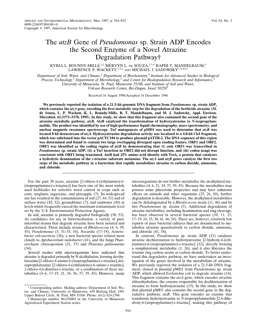 The Atzb Gene of Pseudomonas Sp. Strain ADP Encodes the Second Enzyme of a Novel Atrazine Degradation Pathway†