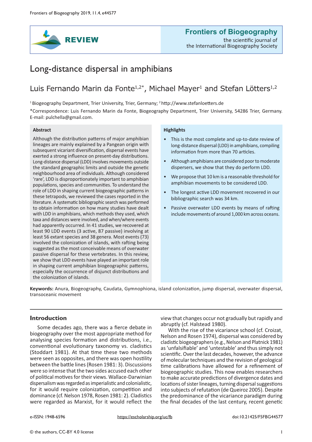 Long-Distance Dispersal in Amphibians