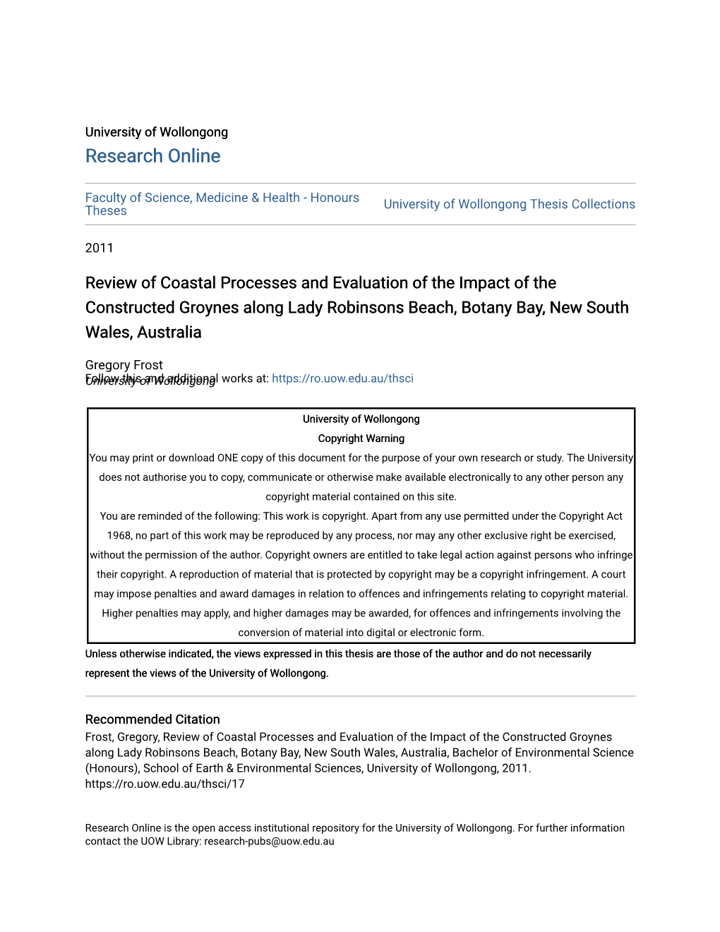 Review of Coastal Processes and Evaluation of the Impact of the Constructed Groynes Along Lady Robinsons Beach, Botany Bay, New South Wales, Australia