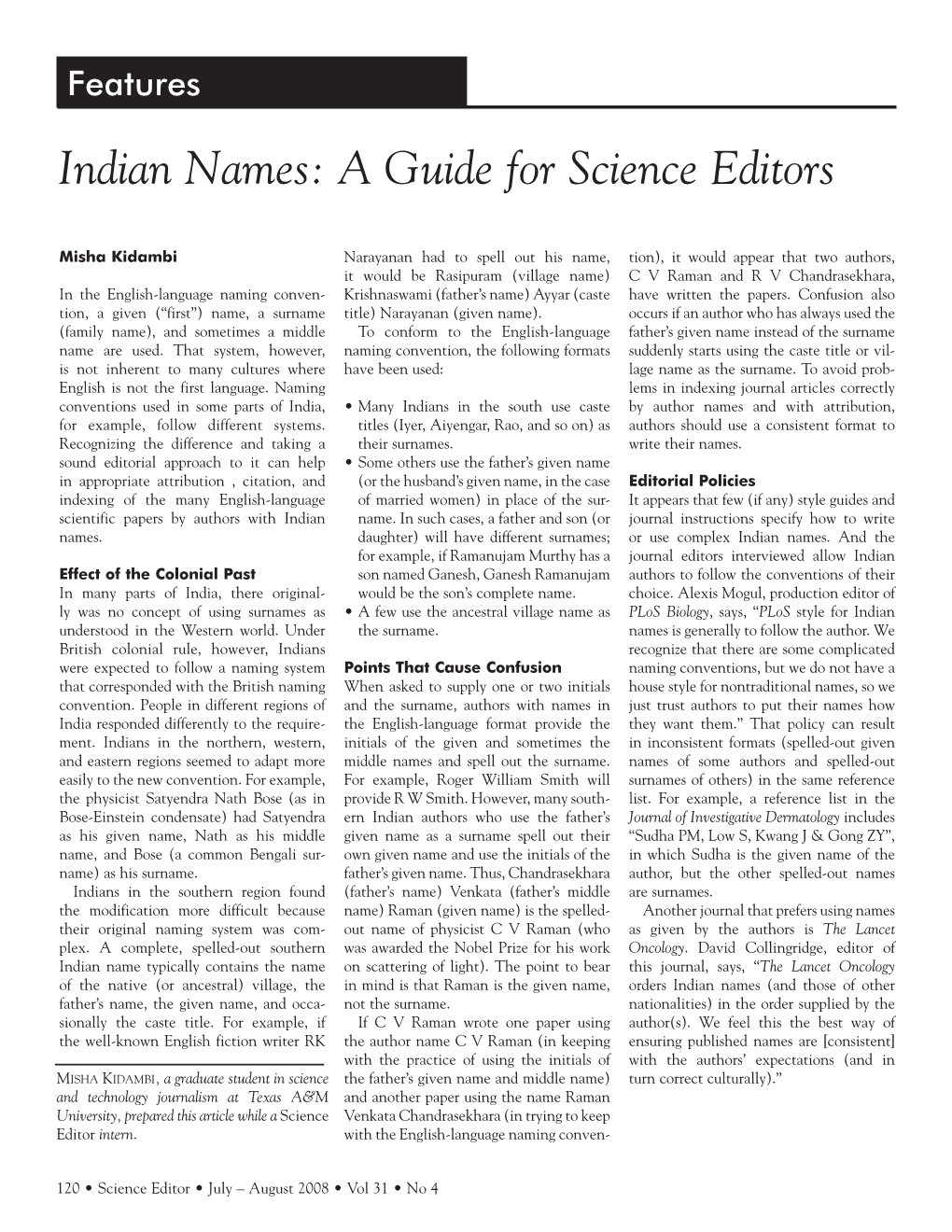 Indian Names: a Guide for Science Editors