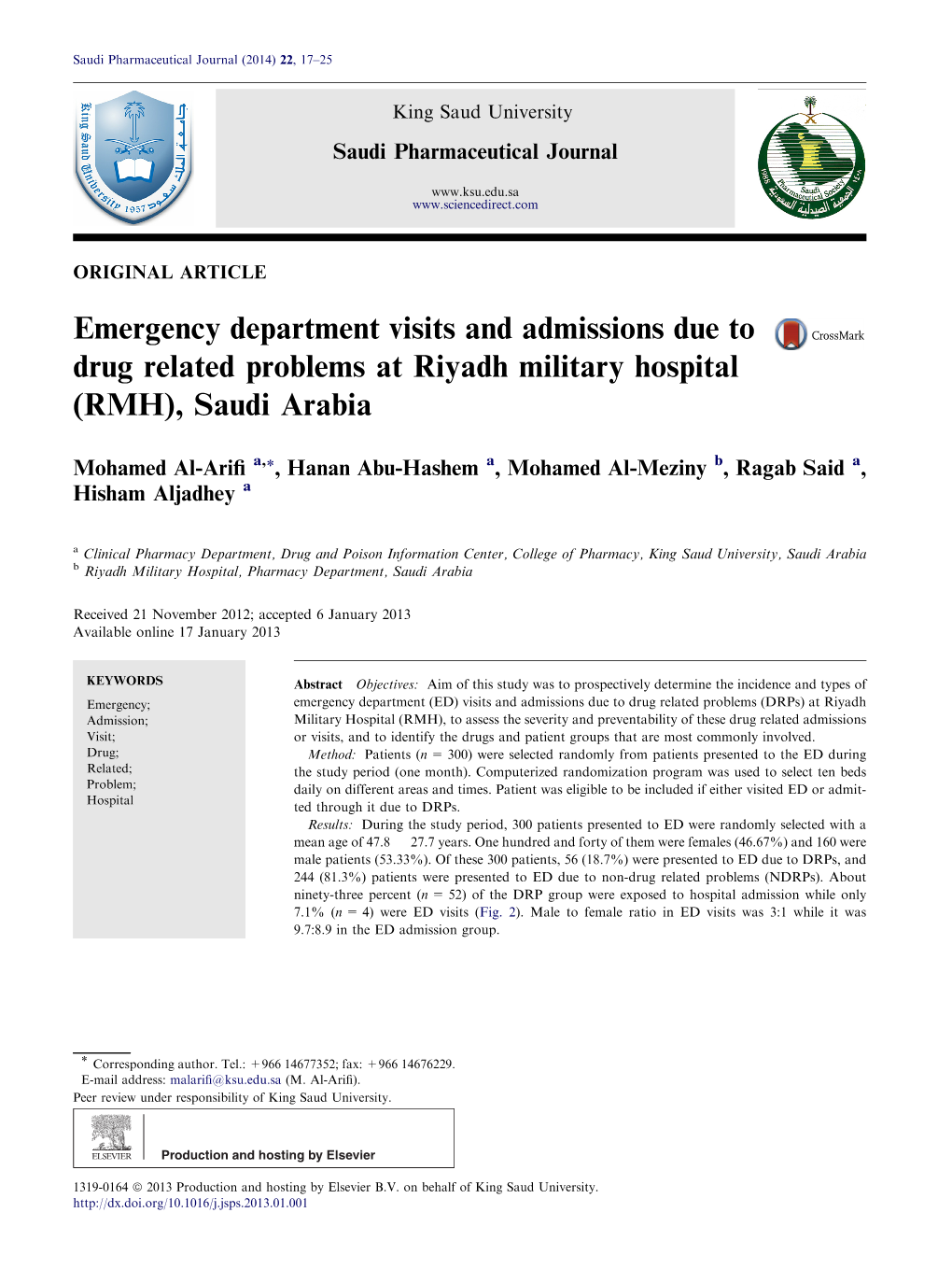 Emergency Department Visits and Admissions Due to Drug Related Problems at Riyadh Military Hospital (RMH), Saudi Arabia