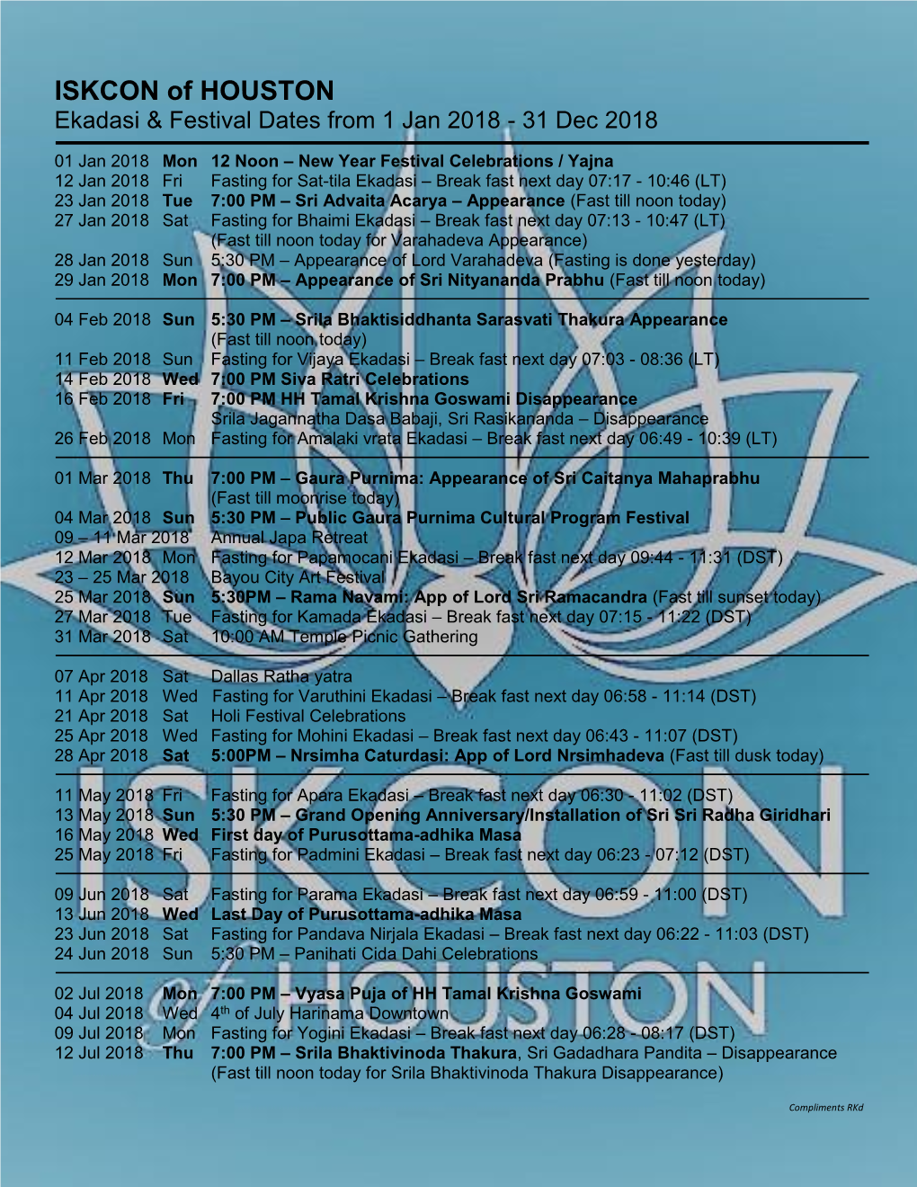 ISKCON of HOUSTON Ekadasi & Festival Dates from 1 Jan 2018 - 31 Dec 2018