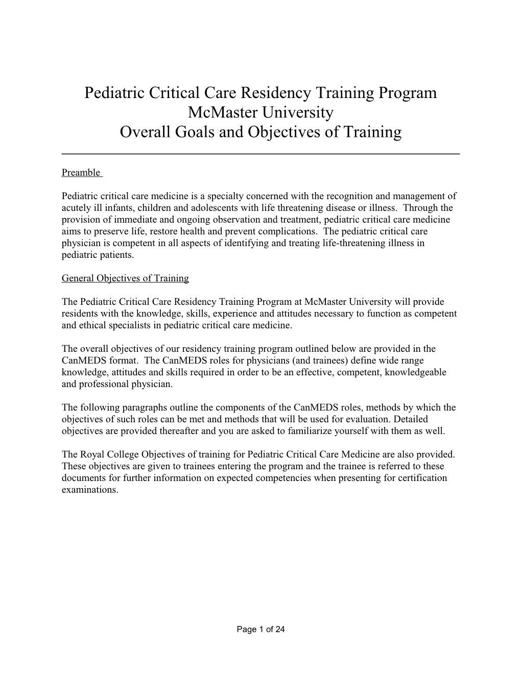 Pediatric Critical Care Residency Training Program