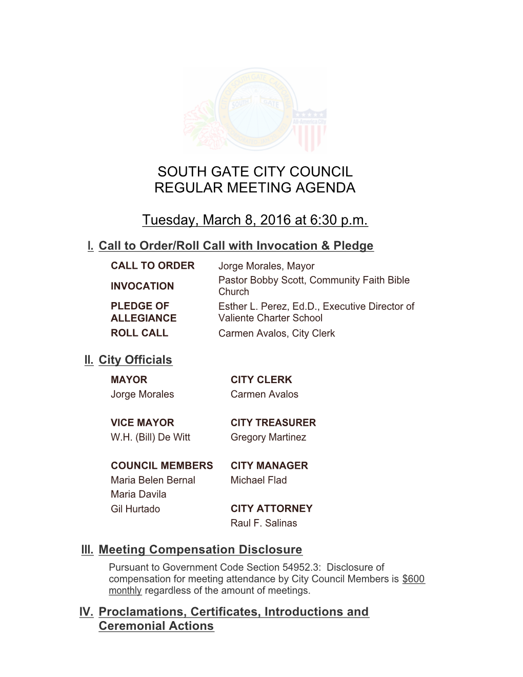 South Gate City Council Regular Meeting Agenda