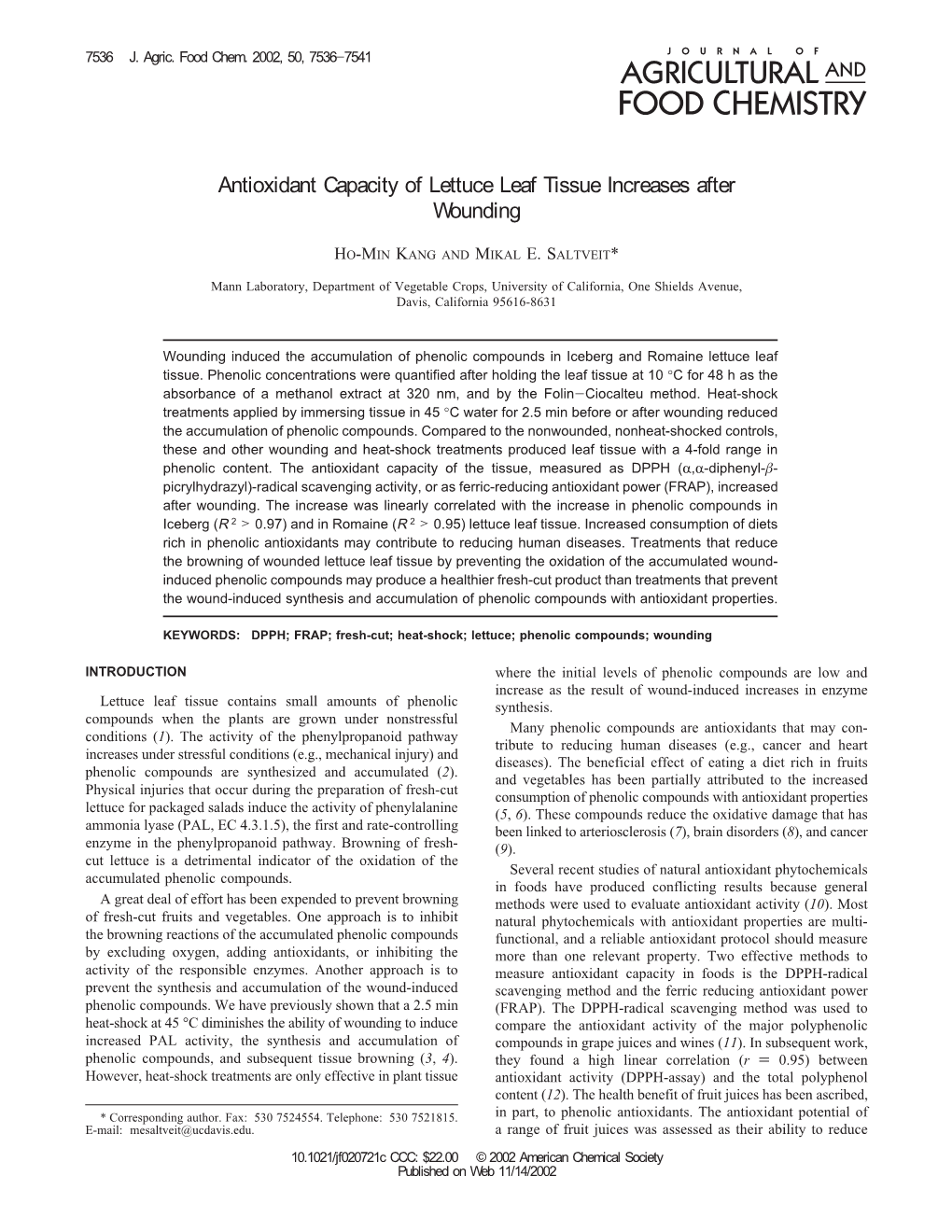 Antioxidant Capacity of Lettuce Leaf Tissue Increases After Wounding