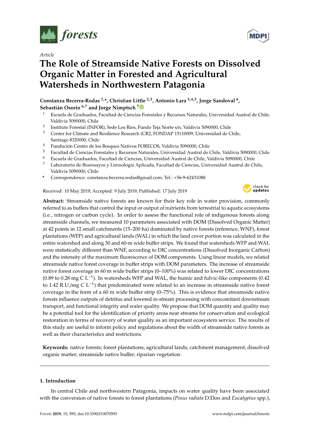 The Role of Streamside Native Forests on Dissolved Organic Matter in Forested and Agricultural Watersheds in Northwestern Patagonia