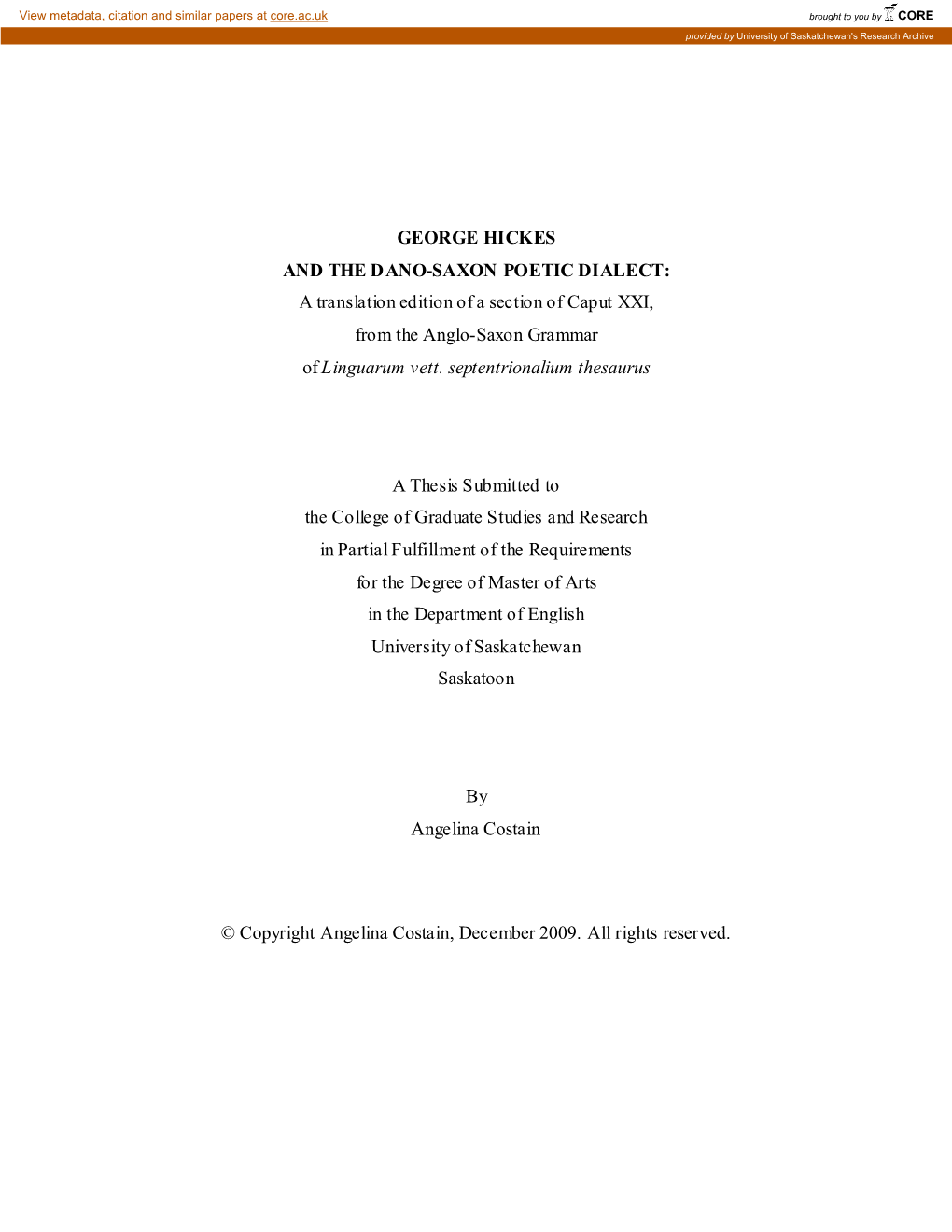 GEORGE HICKES and the DANO-SAXON POETIC DIALECT: a Translation Edition of a Section of Caput XXI, from the Anglo-Saxon Grammar of Linguarum Vett