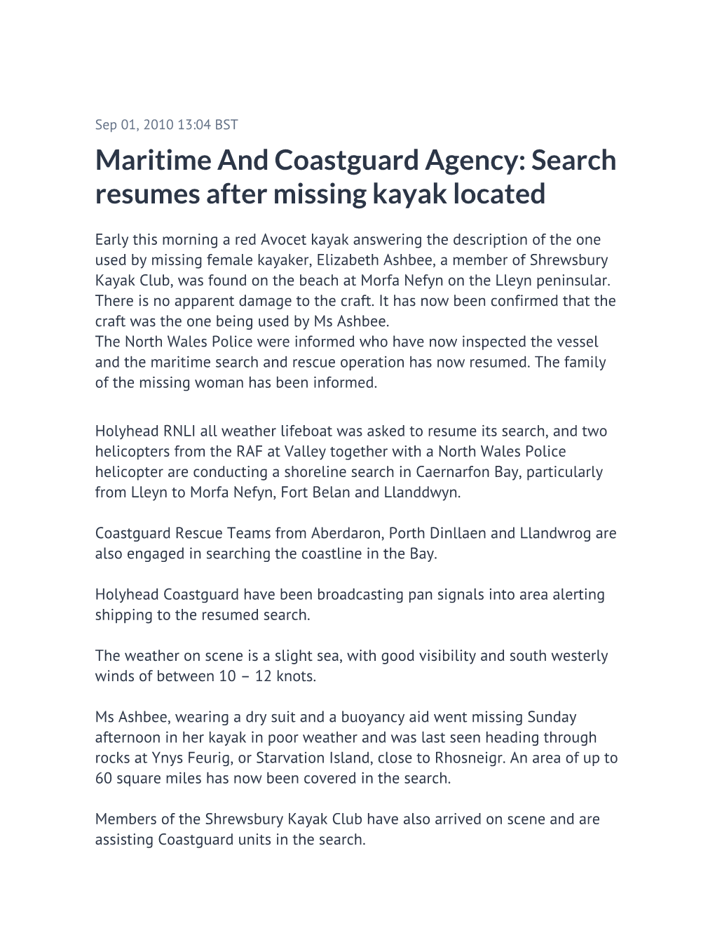 Maritime and Coastguard Agency: Search Resumes After Missing Kayak Located