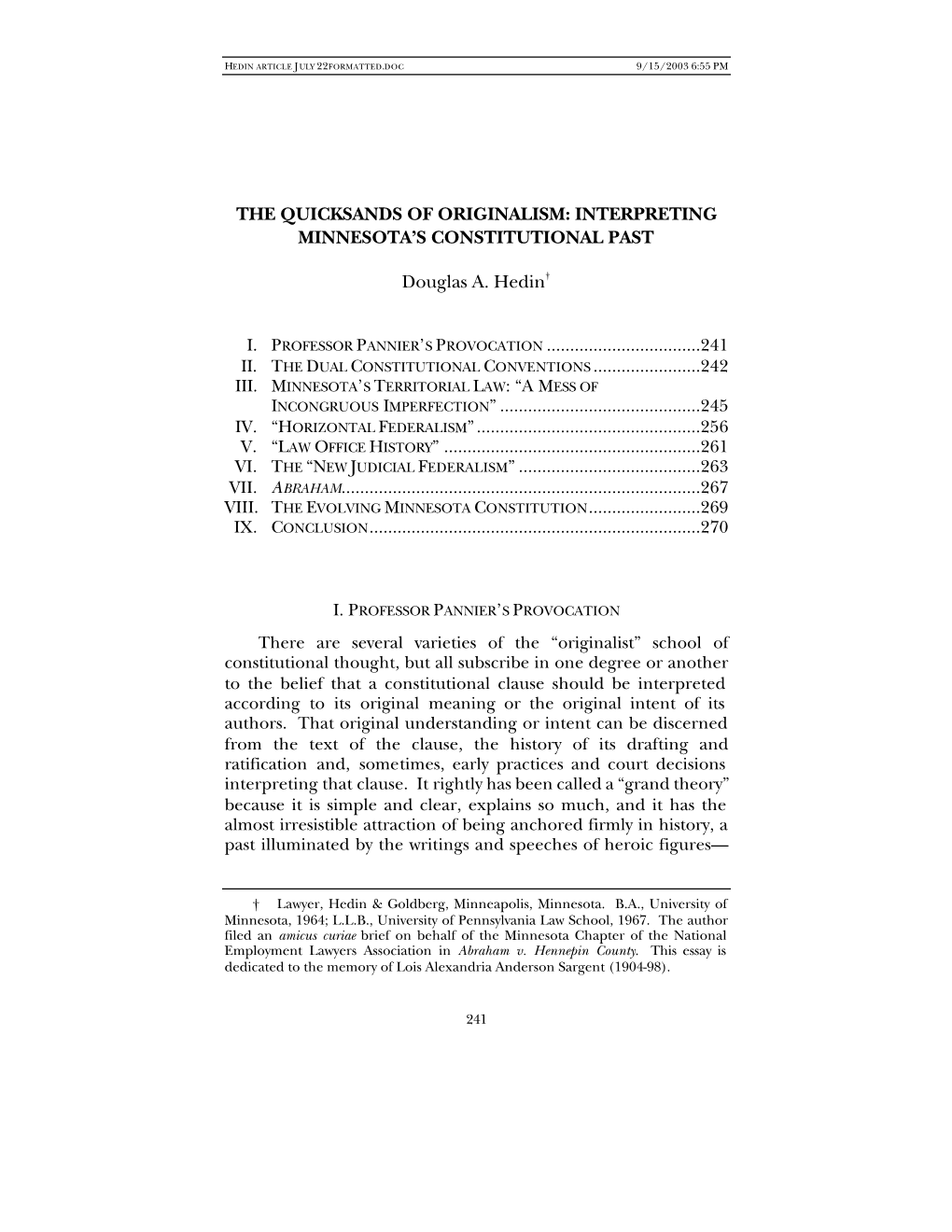 The Quicksands of Originalism: Interpreting Minnesota’S Constitutional Past