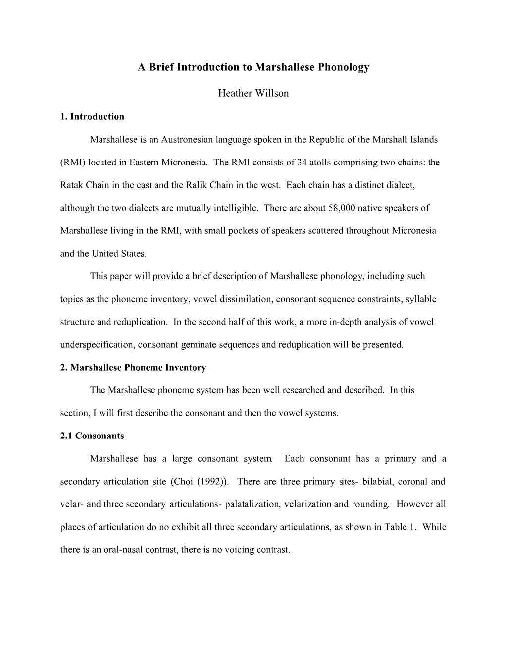 A Brief Introduction to Marshallese Phonology