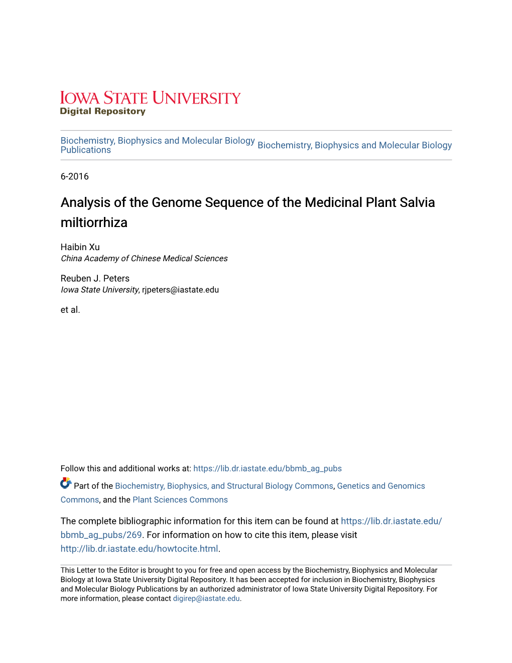 Analysis of the Genome Sequence of the Medicinal Plant Salvia Miltiorrhiza