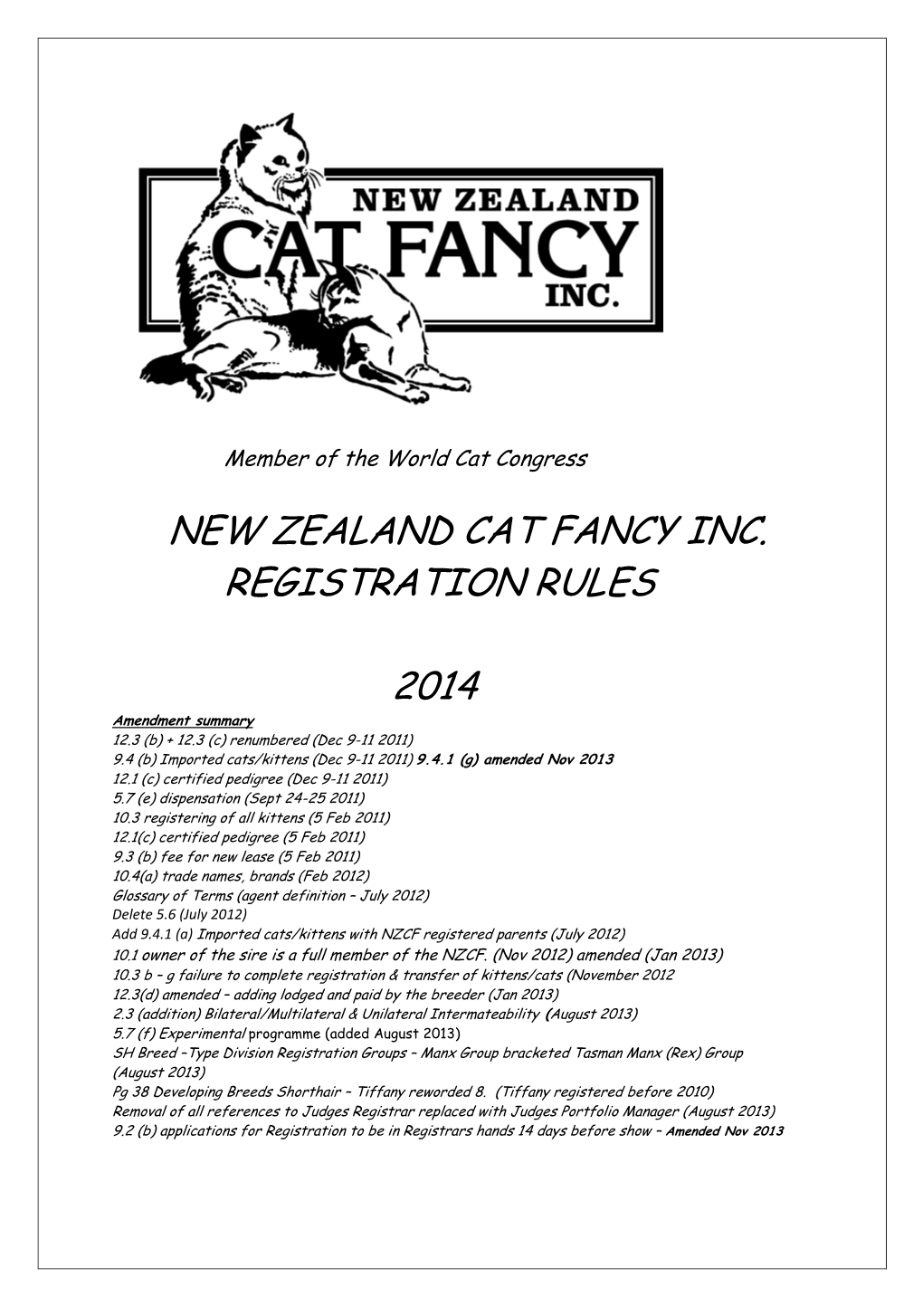 New Zealand Cat Fancy Inc. Registration Rules 2014