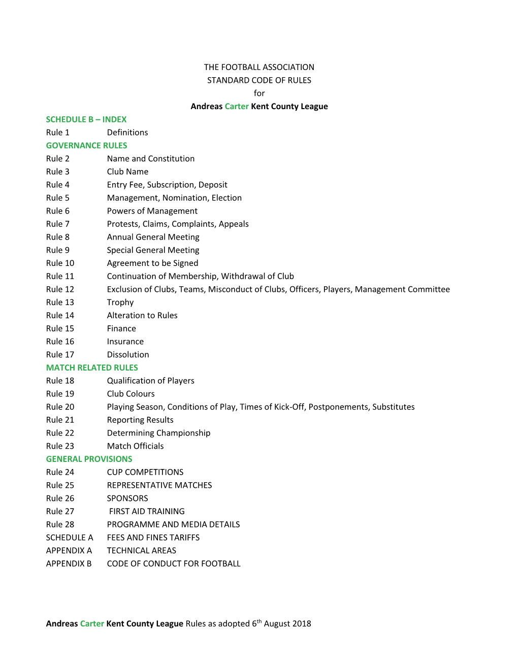 Andreas Carter Kent County League Rules As Adopted 6Th August 2018