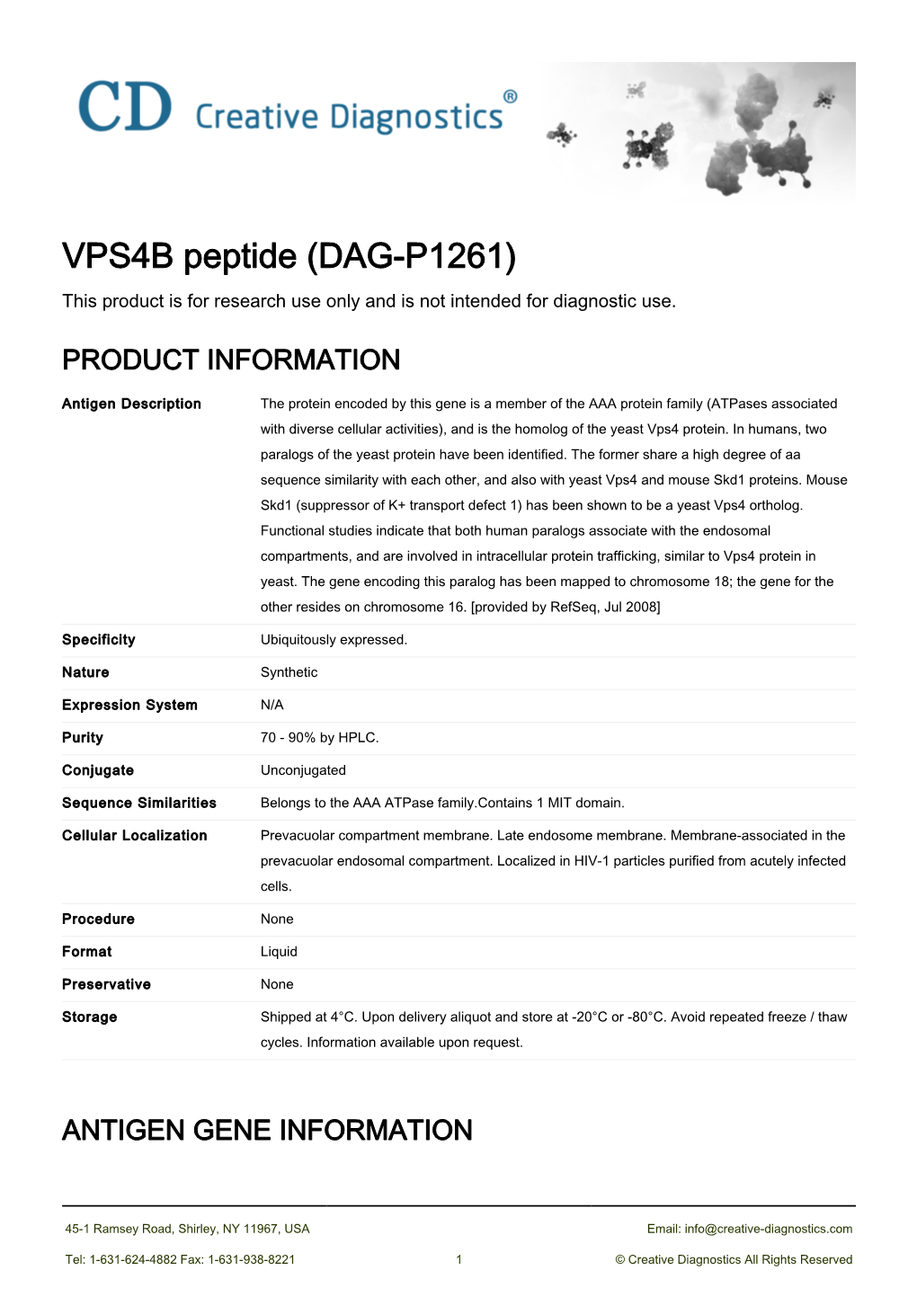 VPS4B Peptide (DAG-P1261) This Product Is for Research Use Only and Is Not Intended for Diagnostic Use