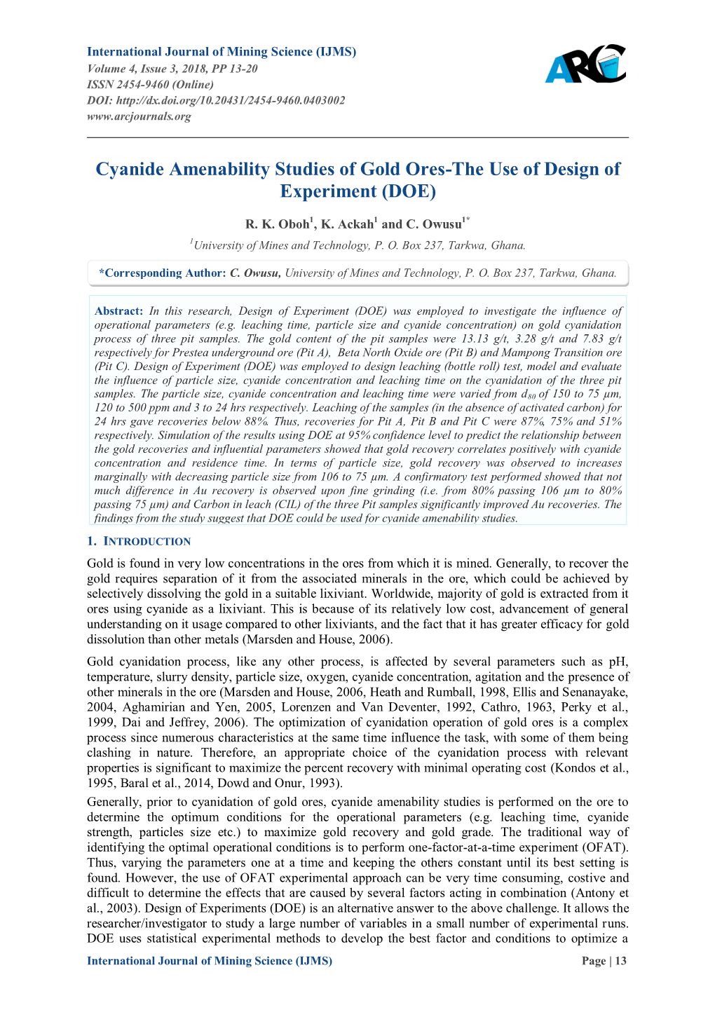 Cyanide Amenability Studies of Gold Ores-The Use of Design of Experiment (DOE)