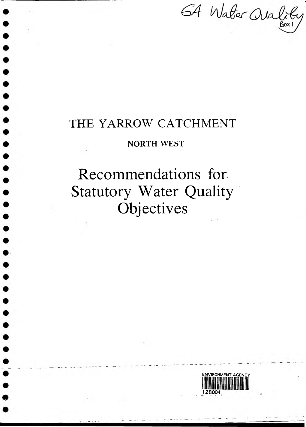 Recommendations for Statutory Water Quality Objectives