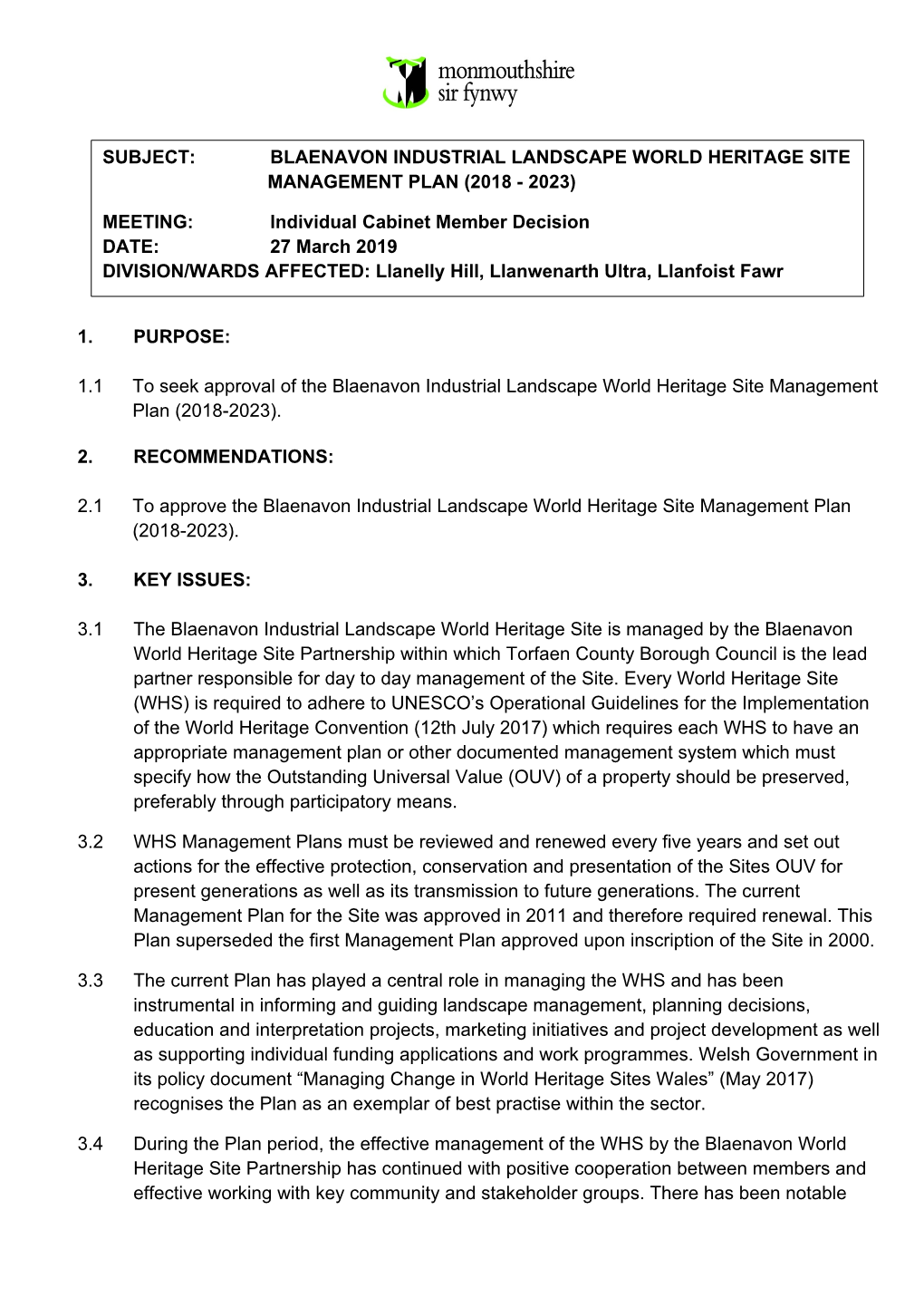 Blaenavon Industrial Landscape World Heritage Site Management Plan (2018 - 2023)