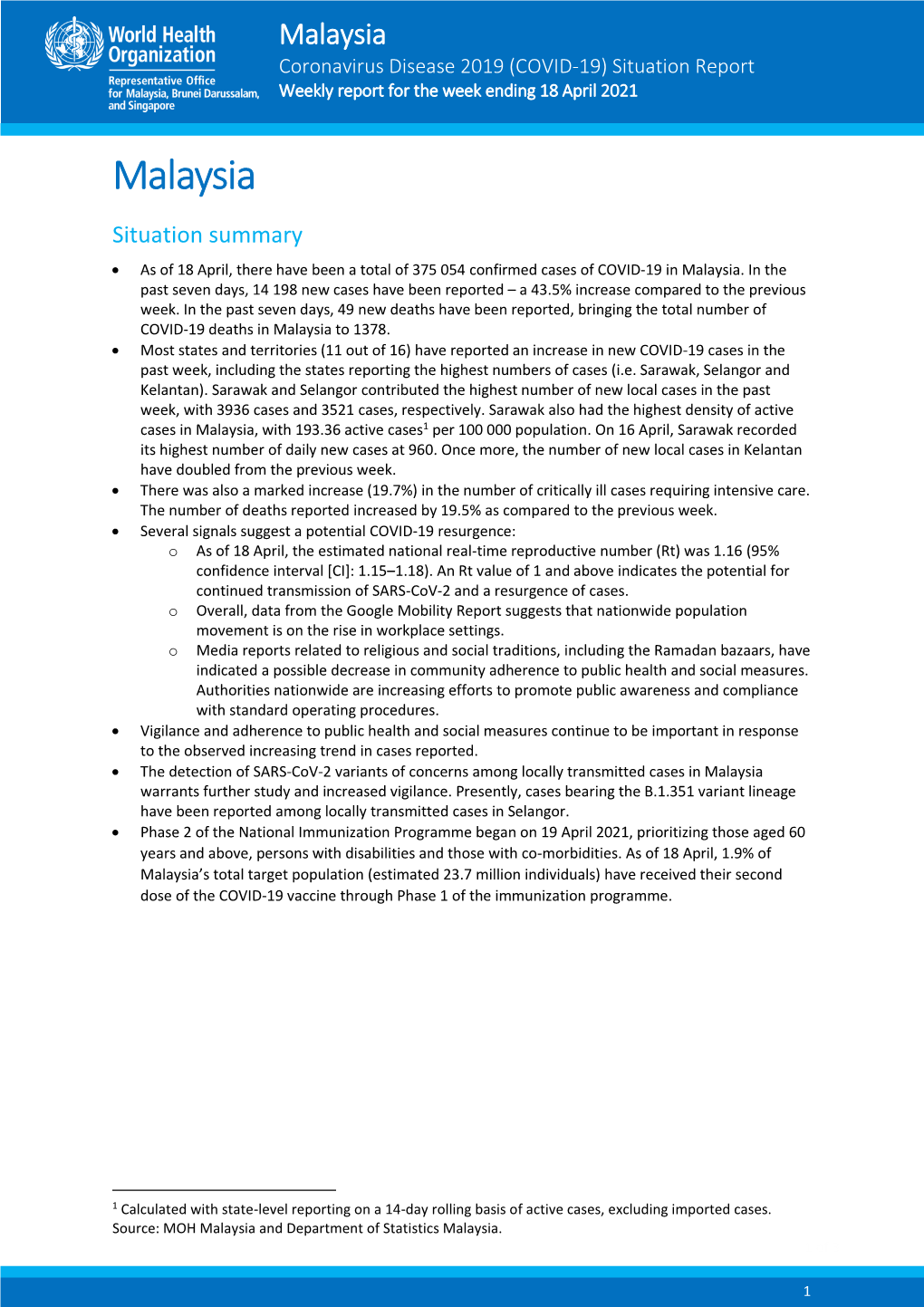 Malaysia Coronavirus Disease 2019 (COVID-19) Situation Report Weekly Report for the Week Ending 18 April 2021