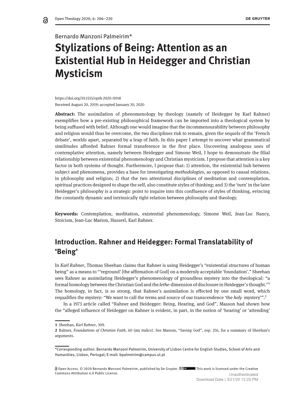 Attention As an Existential Hub in Heidegger and Christian Mysticism