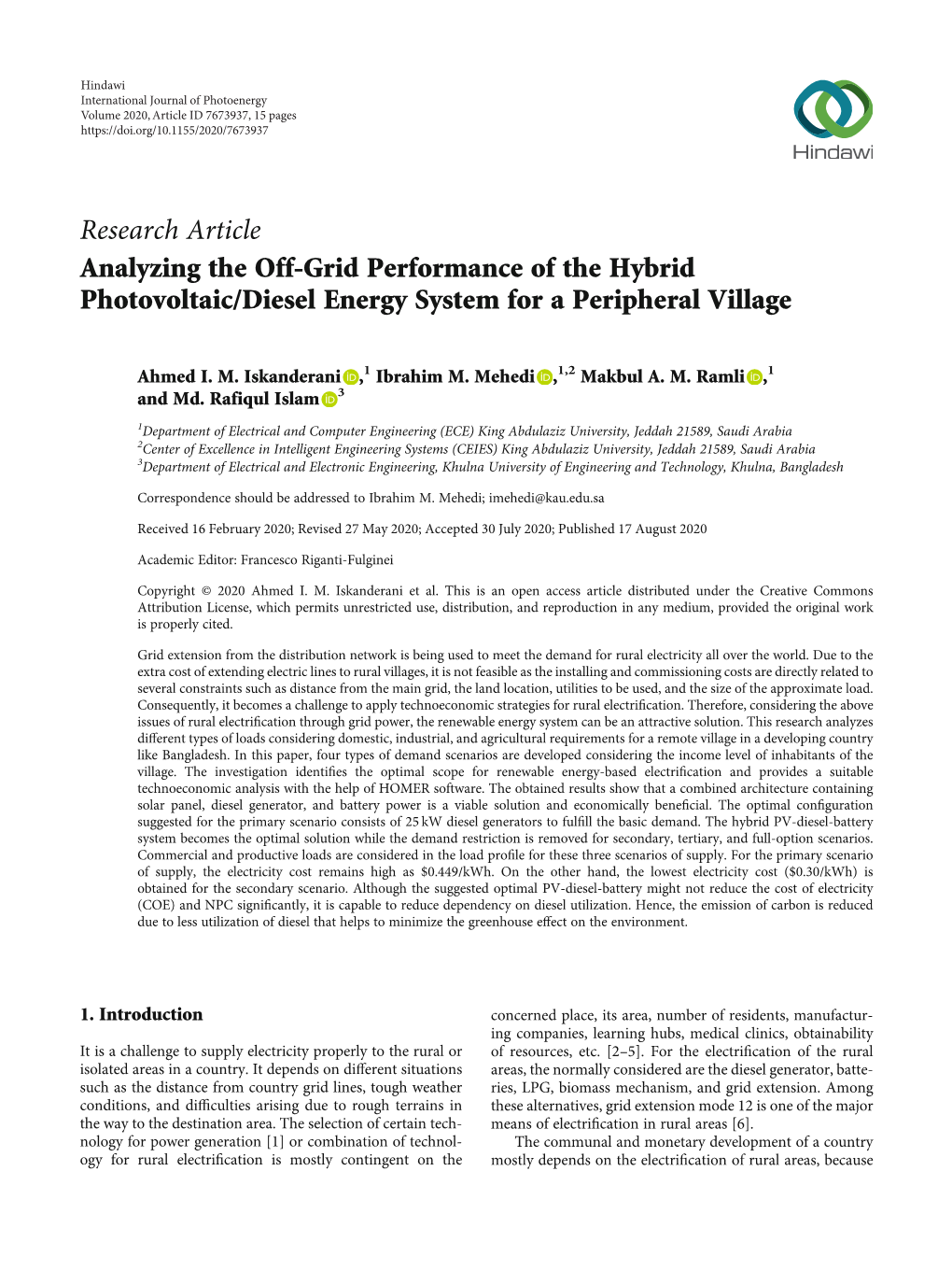 Analyzing the Off-Grid Performance of the Hybrid Photovoltaic/Diesel Energy System for a Peripheral Village