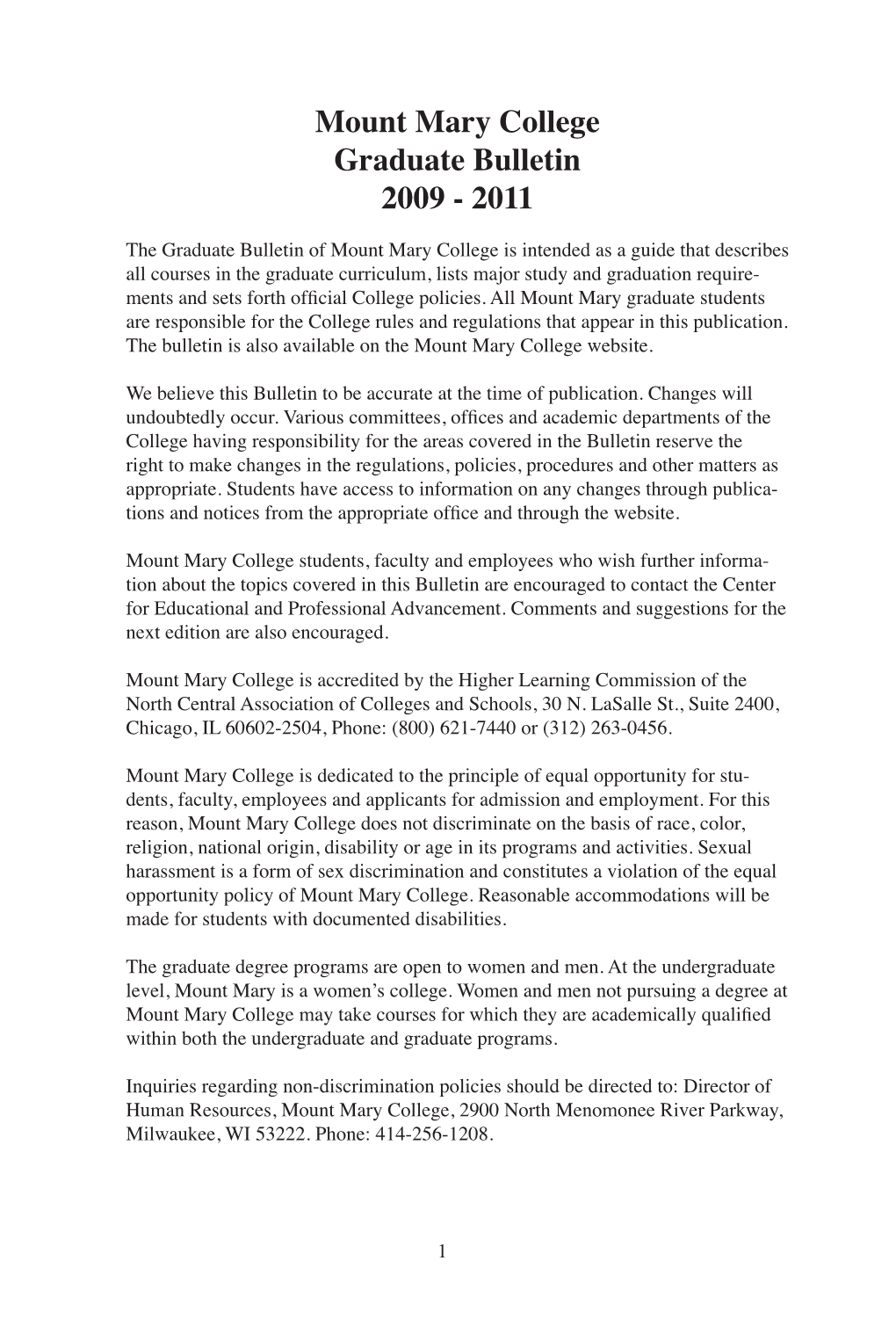 Mount Mary College Graduate Bulletin 2009 - 2011