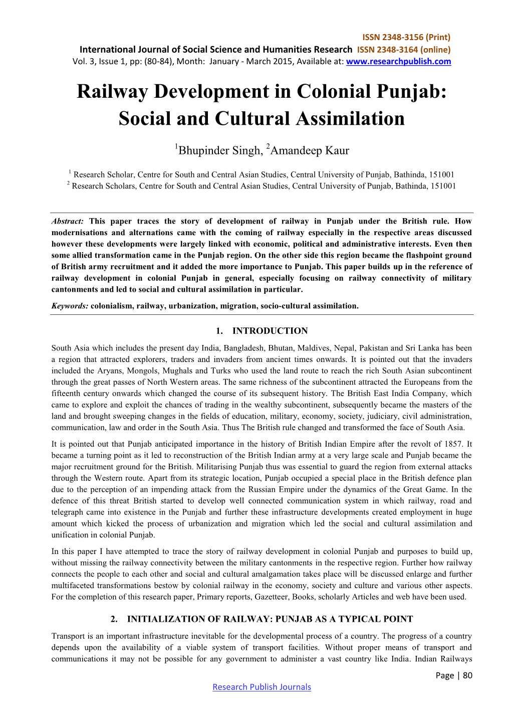 Railway Development in Colonial Punjab: Social and Cultural Assimilation