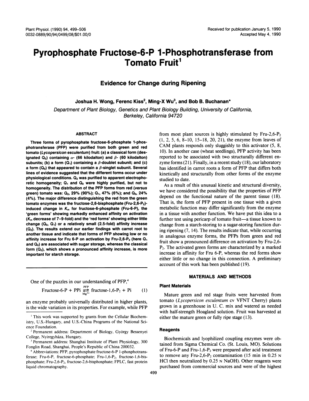 Pyrophosphate Fructose-6-P 1-Phosphotransferase from Tomato Fruit1