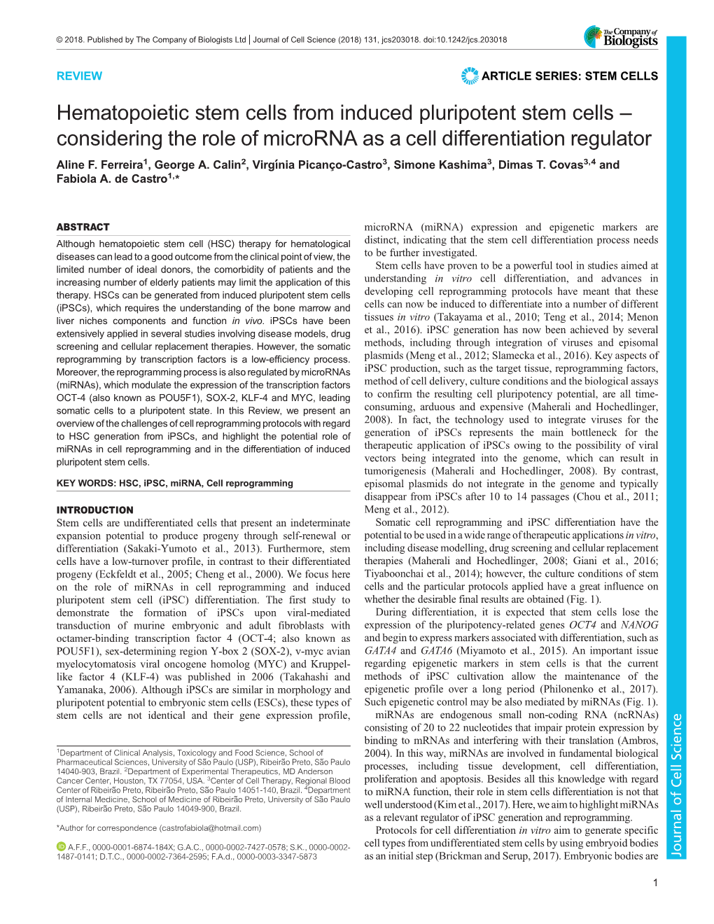 Hematopoietic Stem Cells from Induced Pluripotent Stem Cells – Considering the Role of Microrna As a Cell Differentiation Regulator Aline F