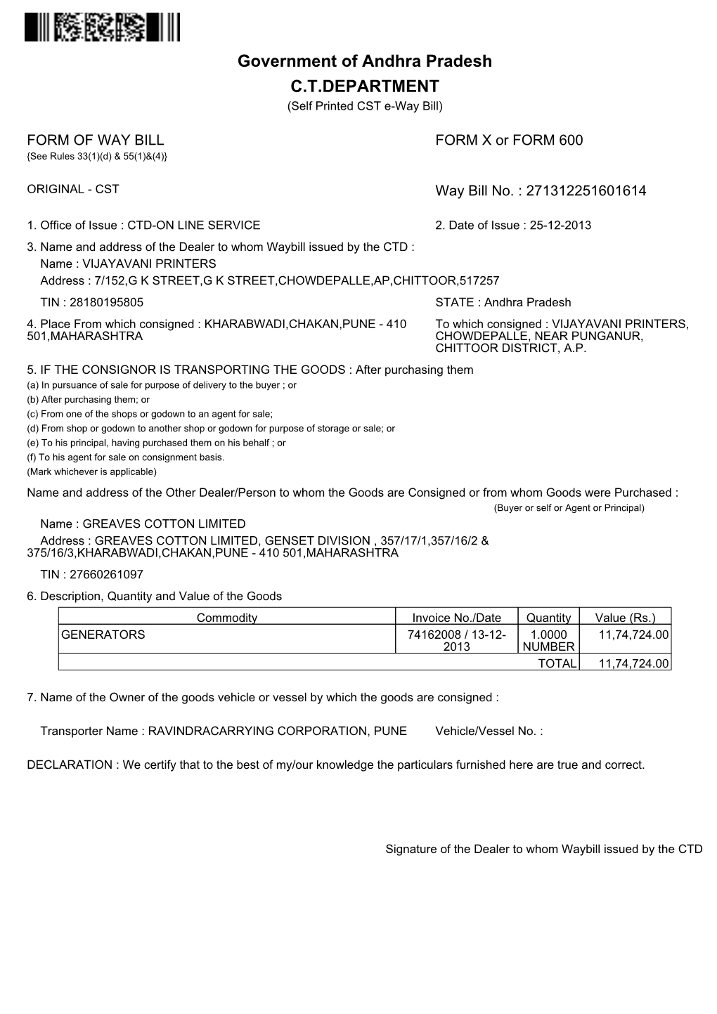 Government of Andhra Pradesh C.T.DEPARTMENT (Self Printed CST E-Way Bill)