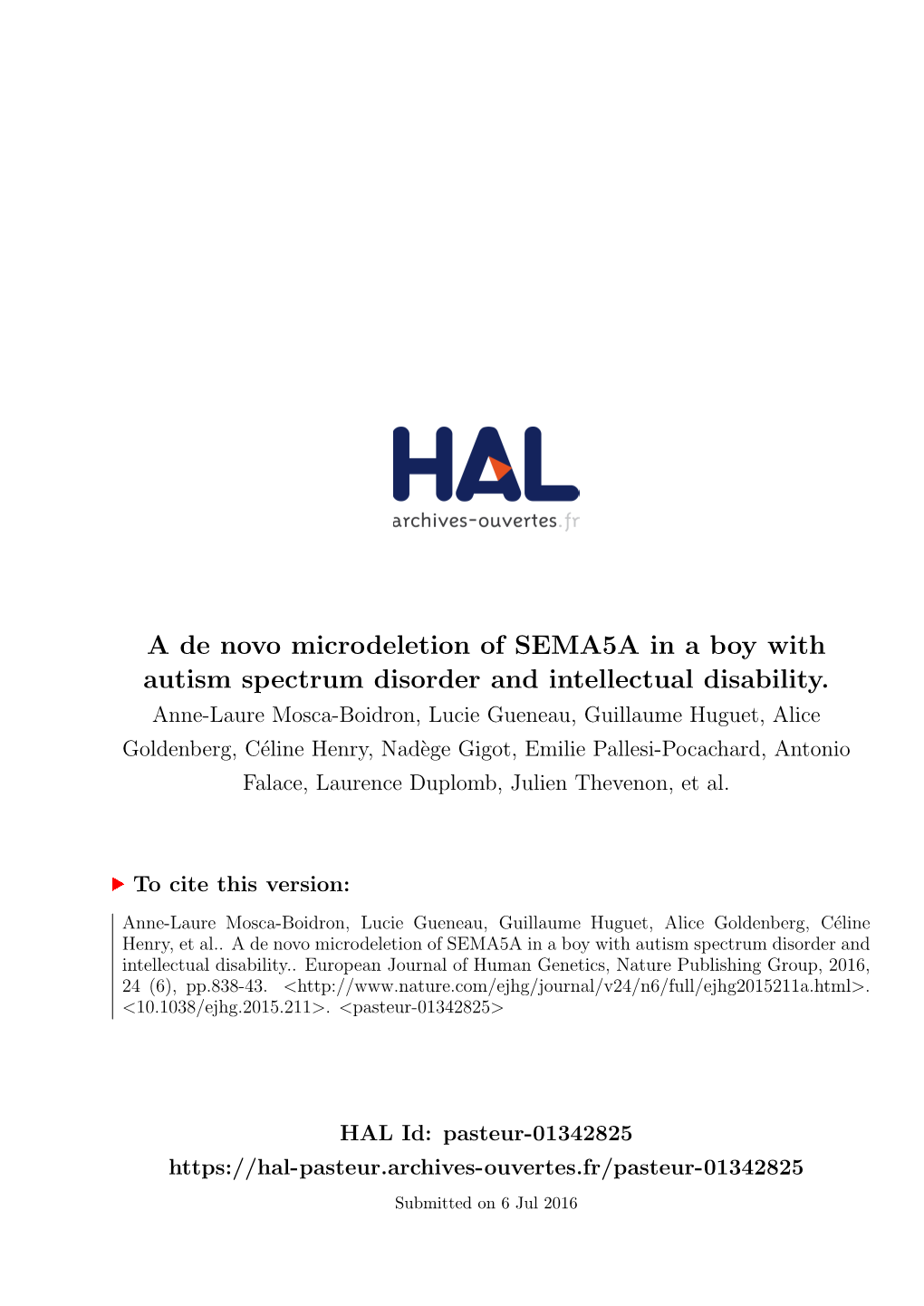 A De Novo Microdeletion of SEMA5A in a Boy with Autism Spectrum Disorder and Intellectual Disability