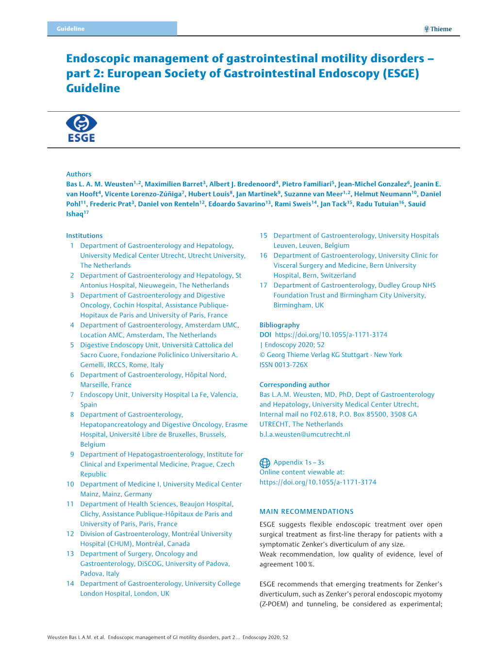 Endoscopic Management of Gastrointestinal Motility Disorders – Part 2: European Society of Gastrointestinal Endoscopy (ESGE) Guideline