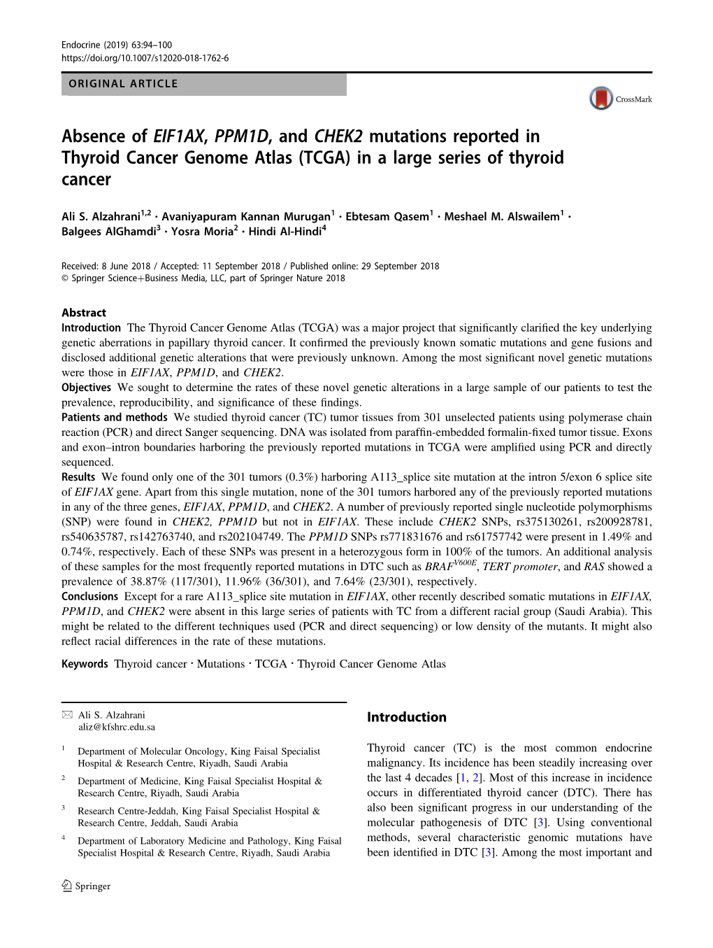 Absence of EIF1AX, PPM1D, and CHEK2 Mutations Reported in Thyroid Cancer Genome Atlas (TCGA) in a Large Series of Thyroid Cancer