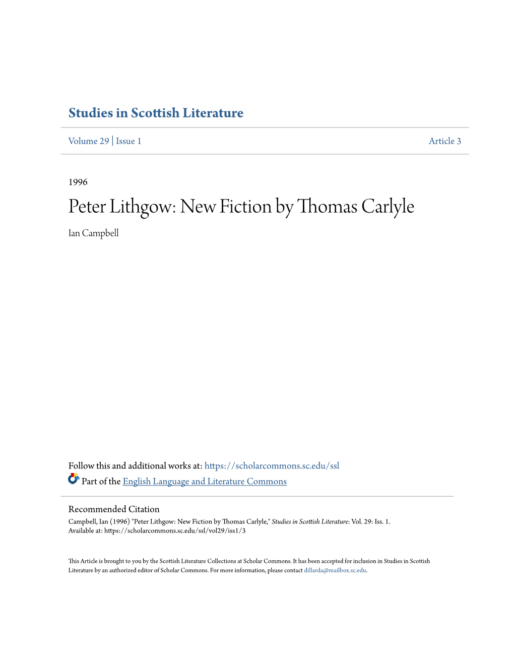 Peter Lithgow: New Fiction by Thomas Carlyle Ian Campbell