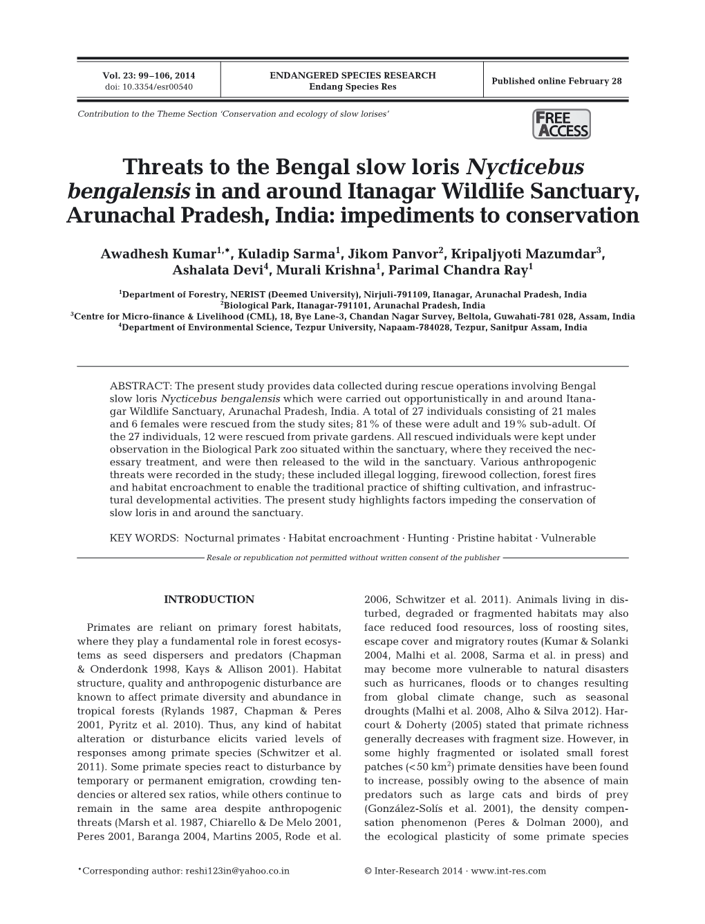 Threats to the Bengal Slow Loris Nycticebus Bengalensis in and Around Itanagar Wildlife Sanctuary, Arunachal Pradesh, India: Impediments to Conservation