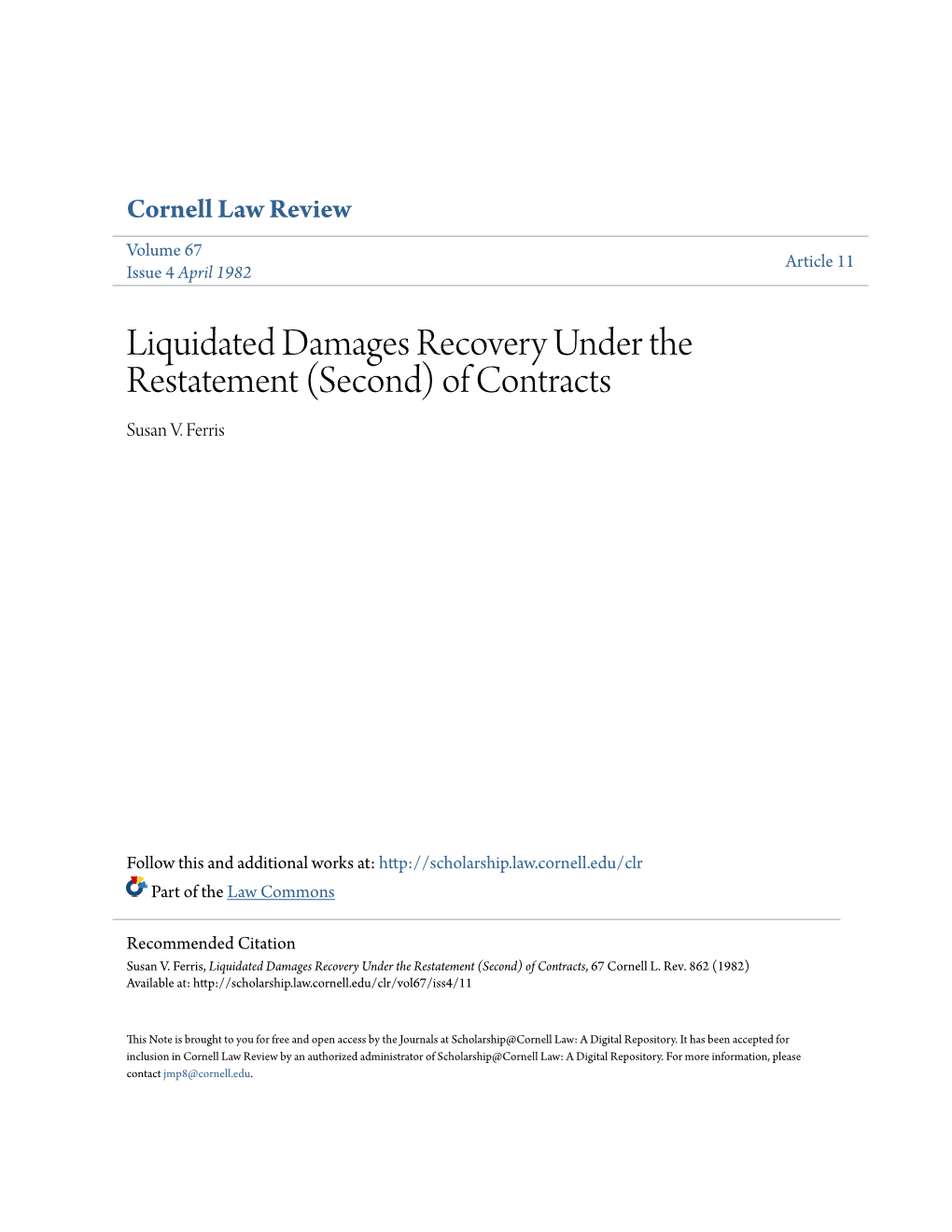Liquidated Damages Recovery Under the Restatement (Second) of Contracts Susan V